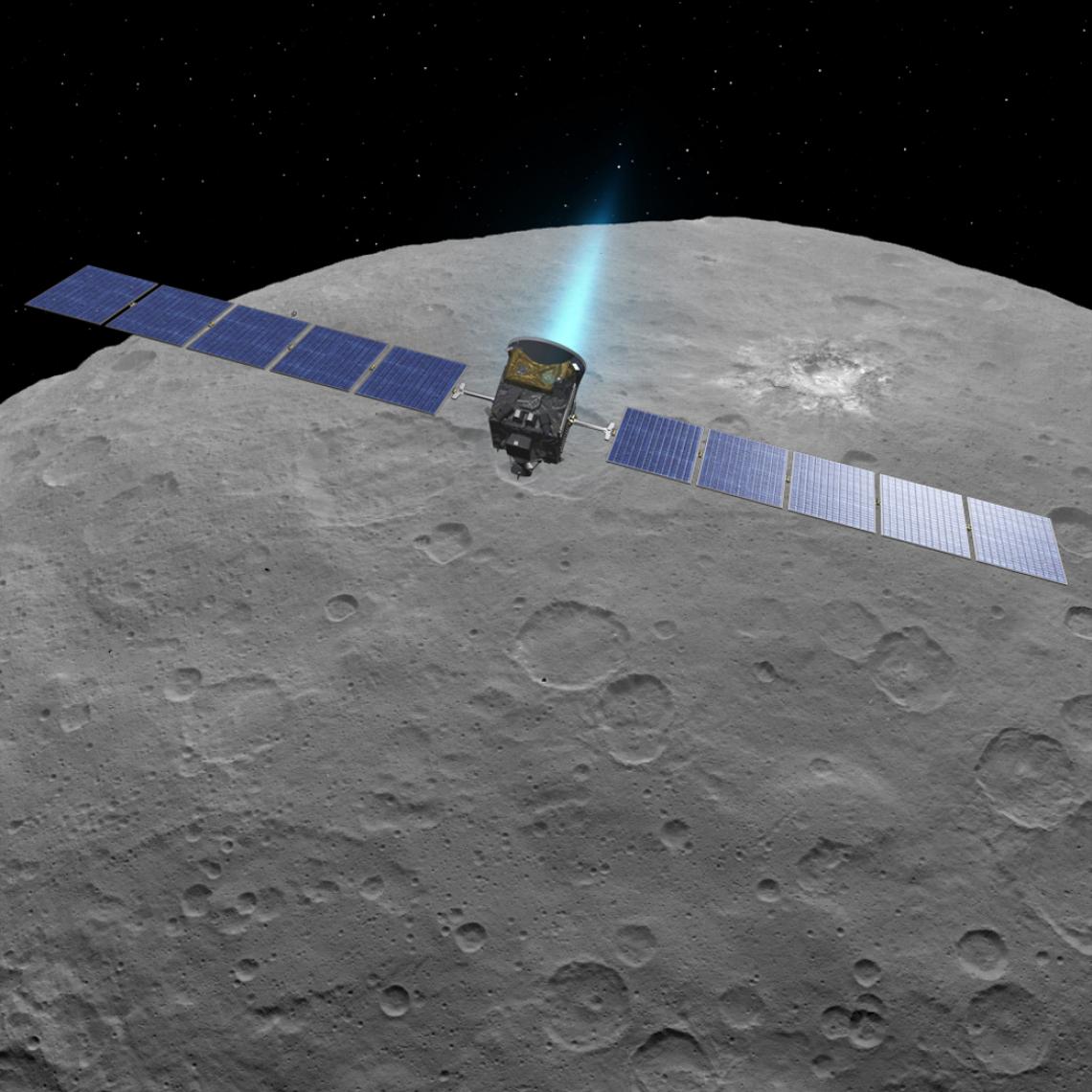 An artist's concept shows NASA's Dawn spacecraft above dwarf planet Ceres, as seen in images from the mission. An artist's concept shows NASA's Dawn spacecraft above dwarf planet Ceres, as seen in images from the mission.